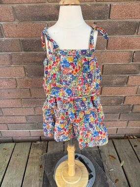 Crewcuts Bright Floral Tie-Strap Cotton Romper in Blue, Red, Yellow Size 4